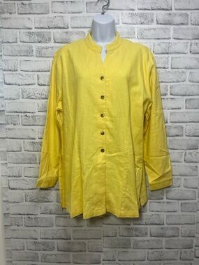 IOS Yellow Linen Blend Lagenlook Mandarin Collar V-Neck Tunic NWOT Large
